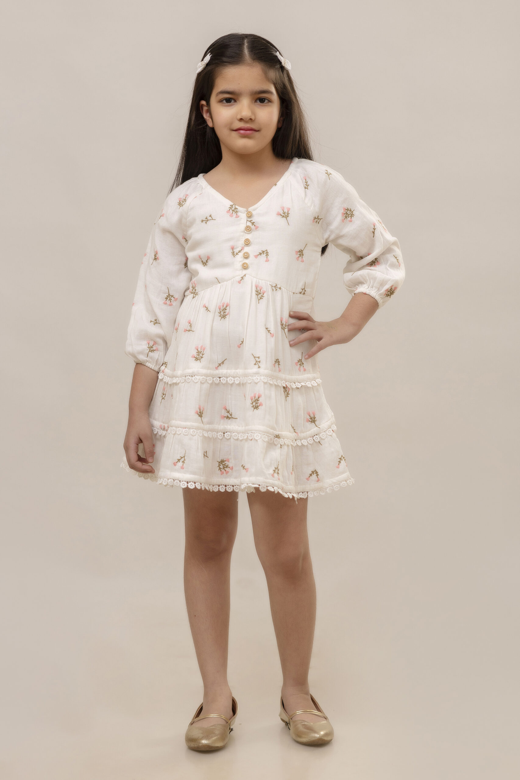 White Floral Embroidered Cotton Dress For Girl