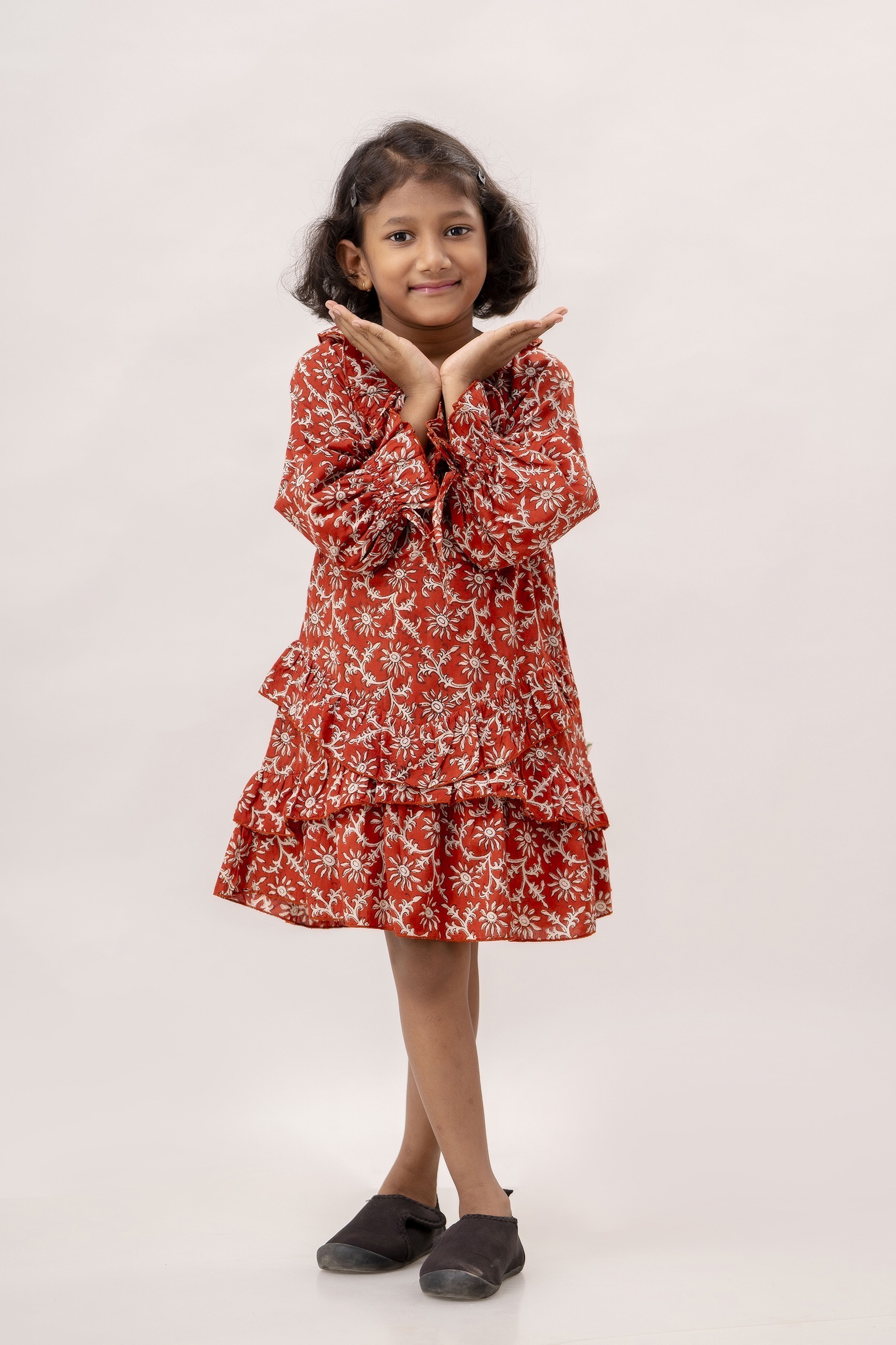 Organic Cotton Indian Handblock Printed Red Flair Dress for Girl