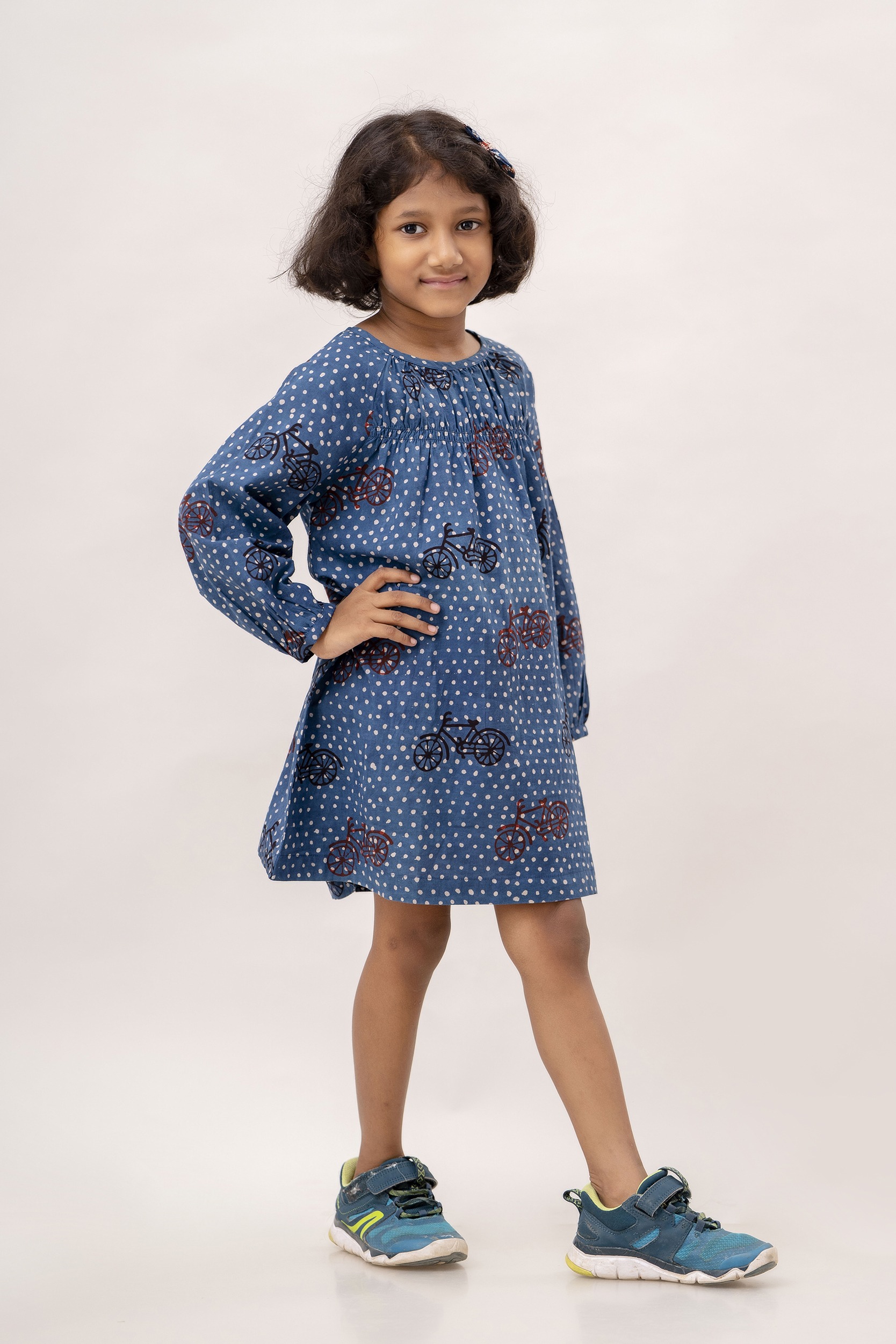 Organic Cotton Handblock Bicycle Printed, Indigo Dress for Girl