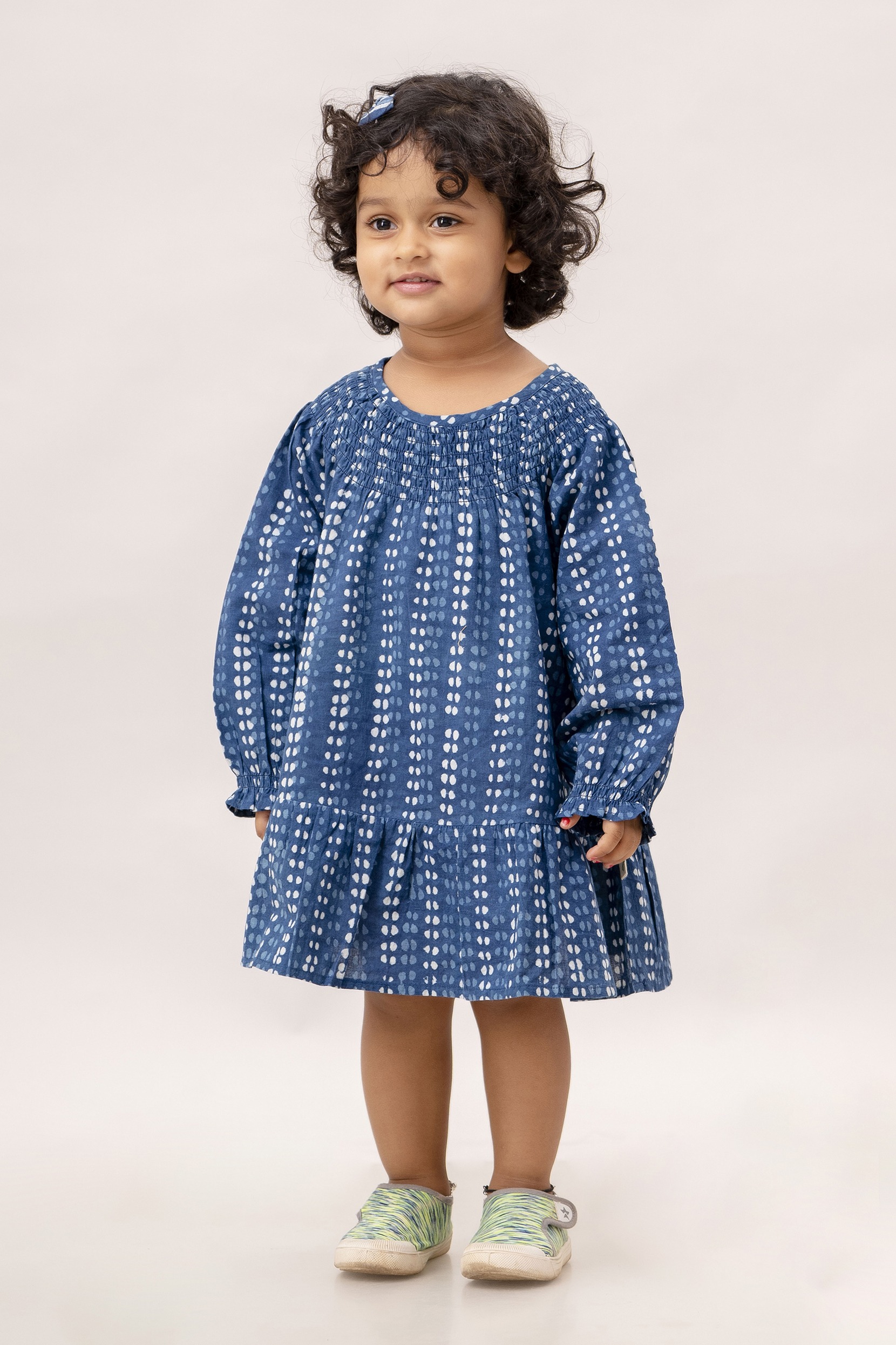 Organic Cotton Handblock Printed, Dotted Indigo Dress for Girl