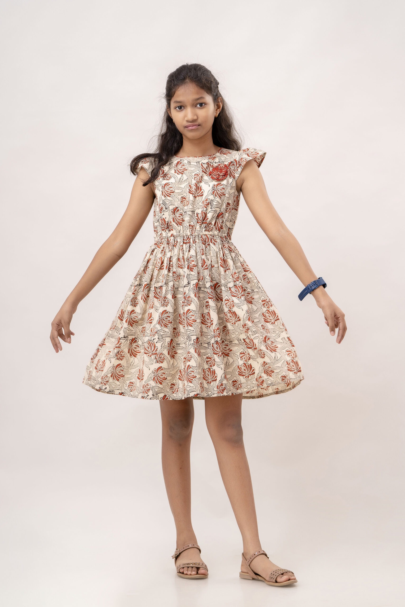 Organic Cotton Indian Handblock Printed Beige Dress