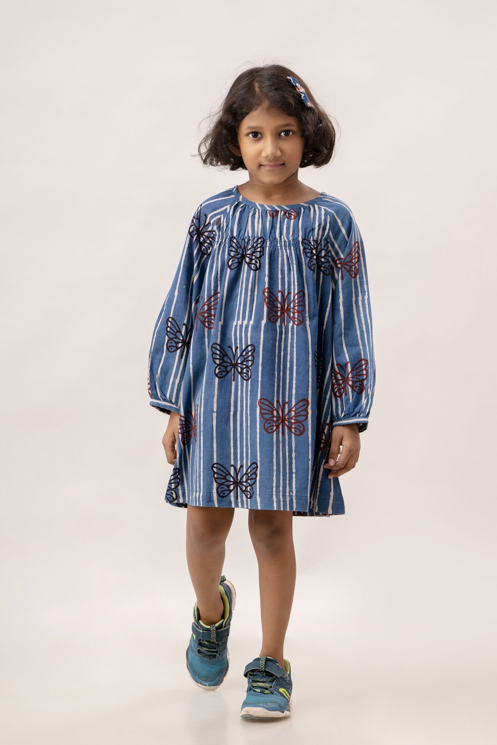 Organic Cotton Handblock Butterfly Printed, Indigo Dress for Girl
