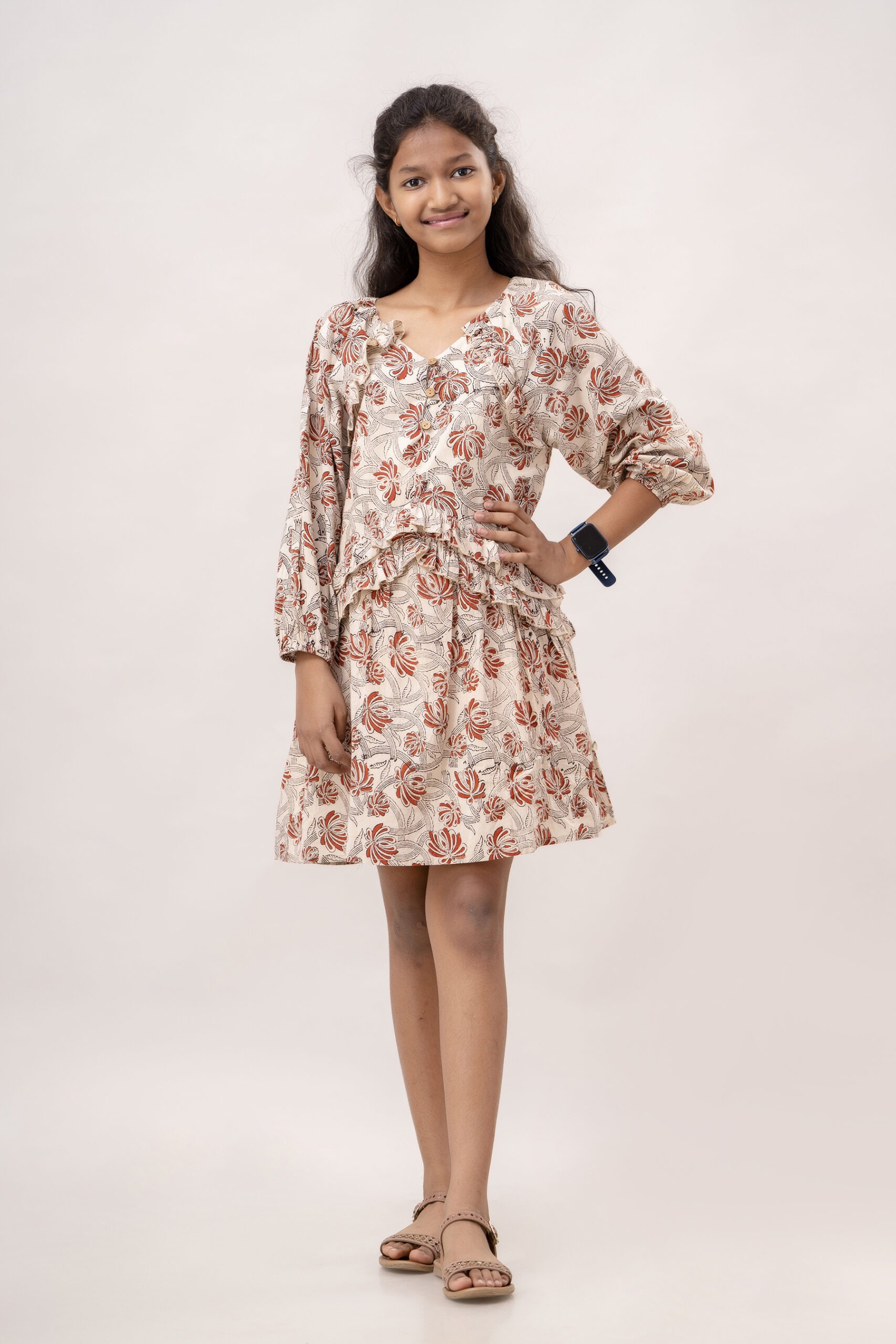 Organic Cotton Indian Handblock Printed Beige Frill Flaire Dress