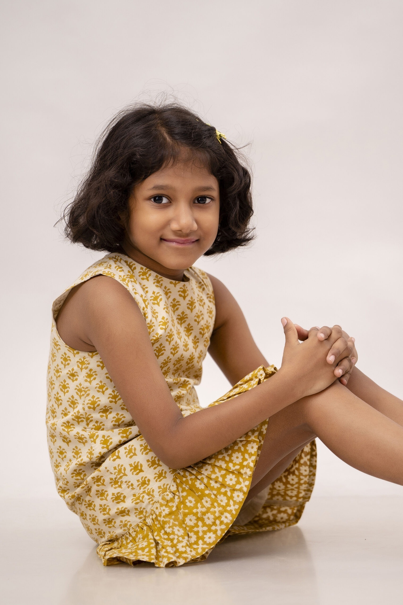 Organic Cotton Indian Handblock Printed Yellow Frill Flaire Dress