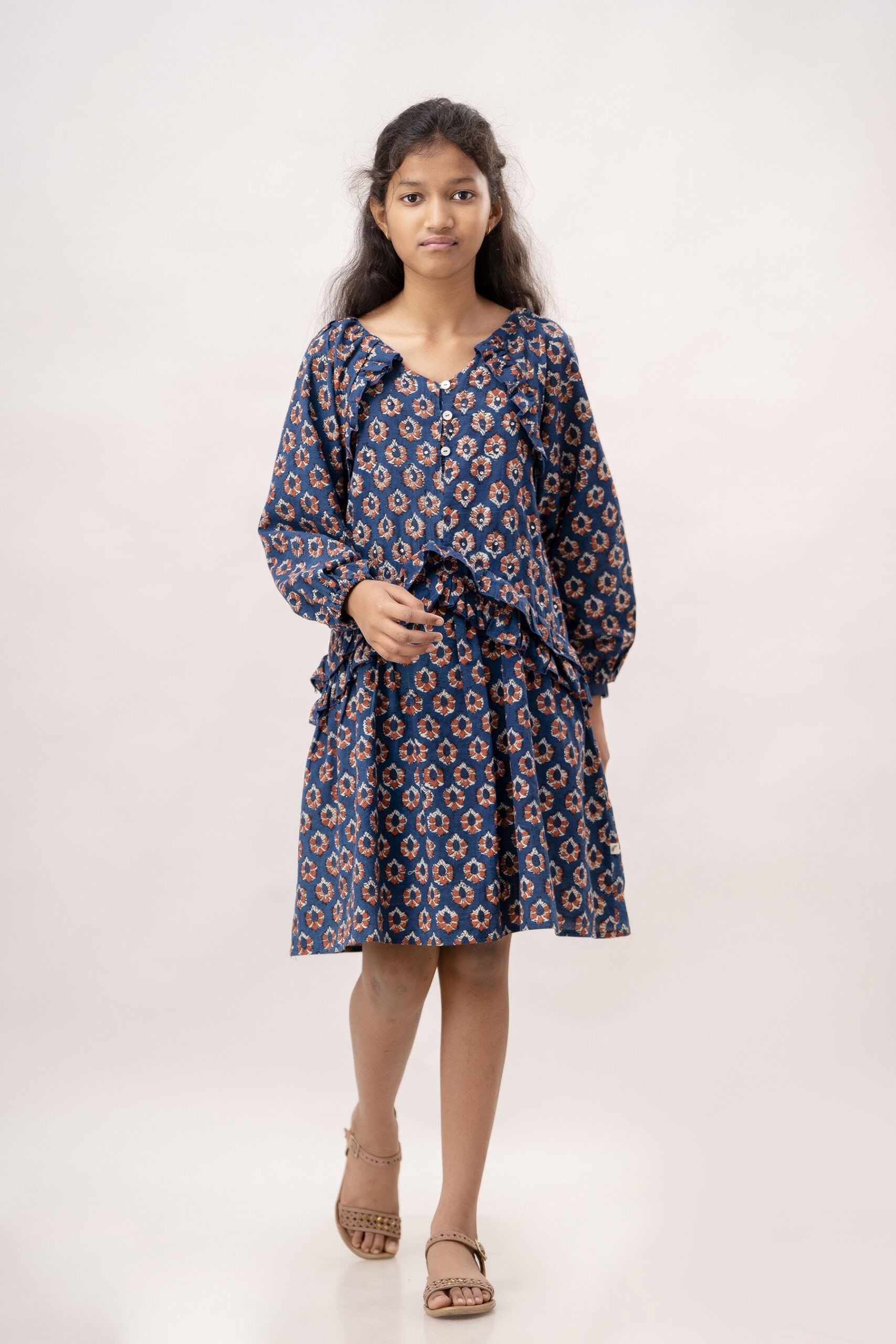 Organic Cotton Indian Handblock Printed Indigo Frill Flaire Dress