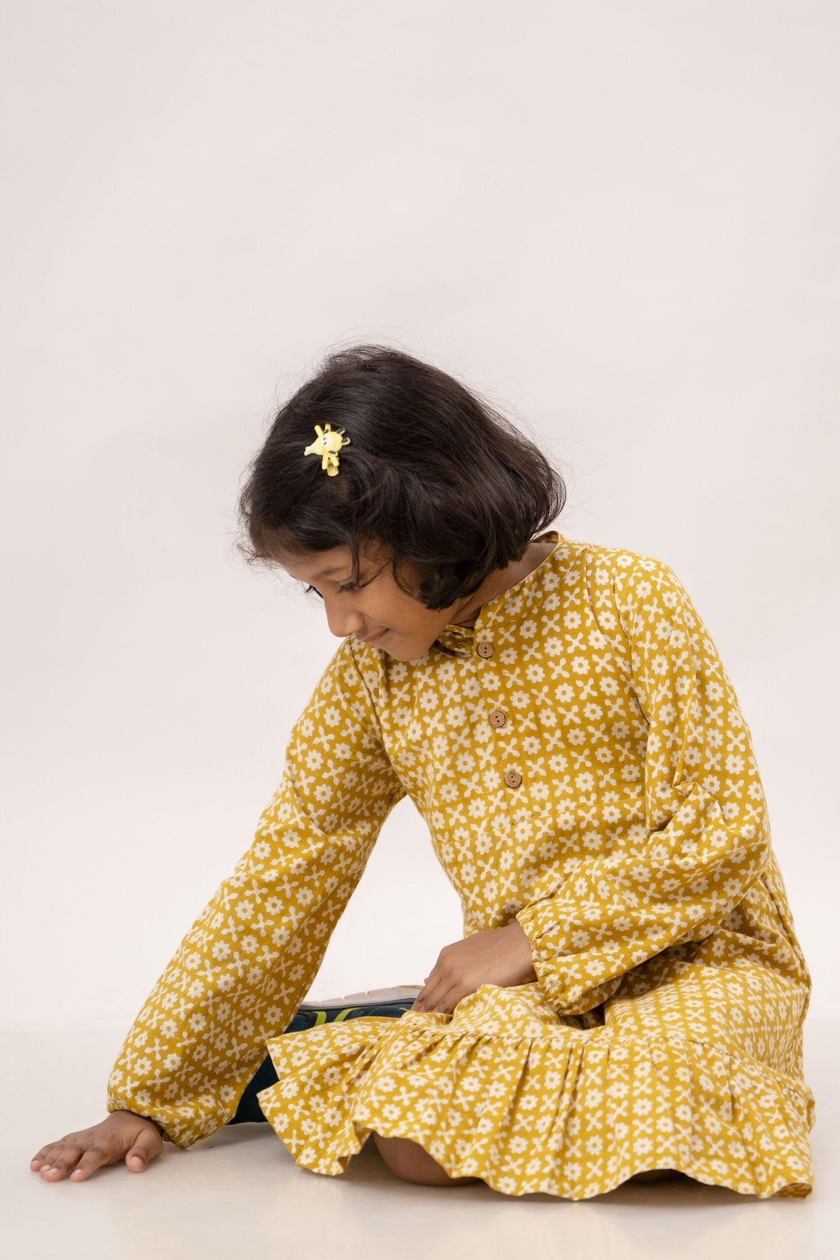 Organic Cotton Indian Handblock Printed Yellow Full Sleeves Dress for Girl