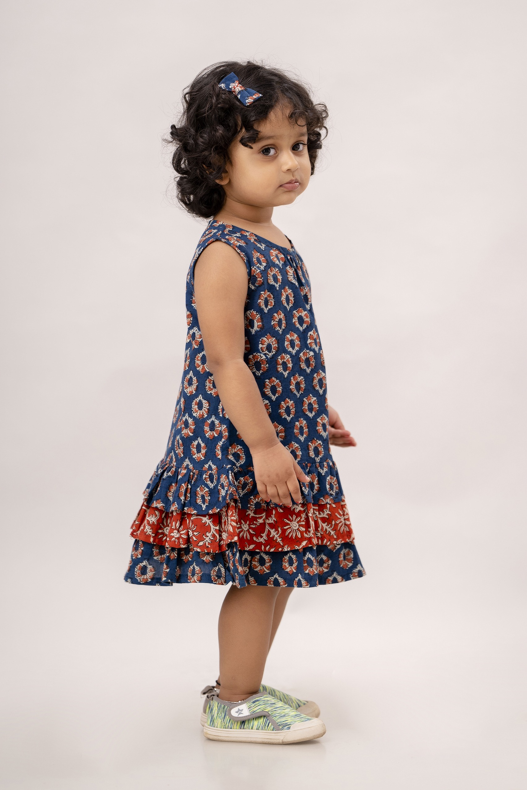 Organic Cotton Handblock Floral Printed, Indigo Red Dress for Girl