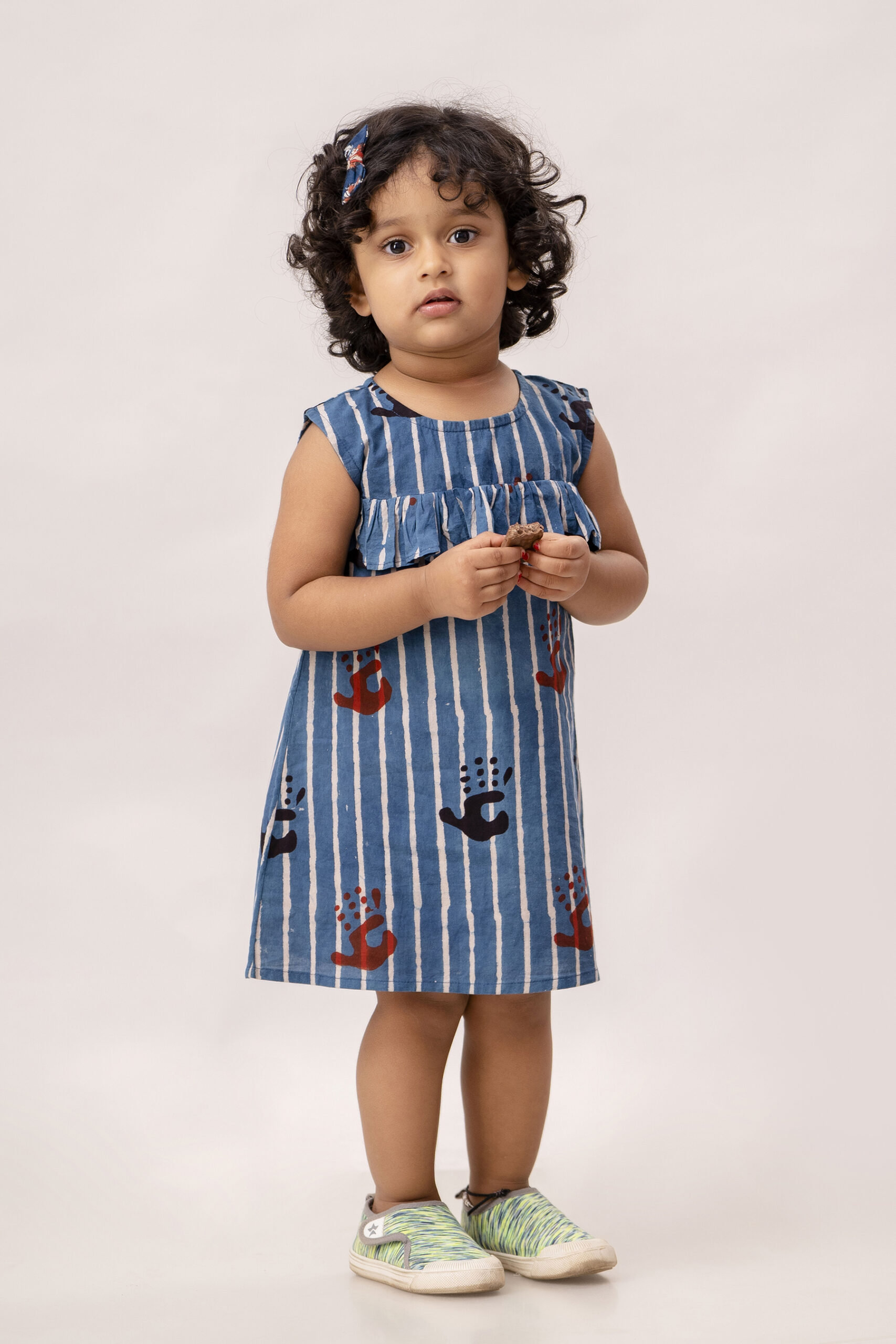 Organic Cotton Handblock Palm Printed, Indigo Dress for Girl