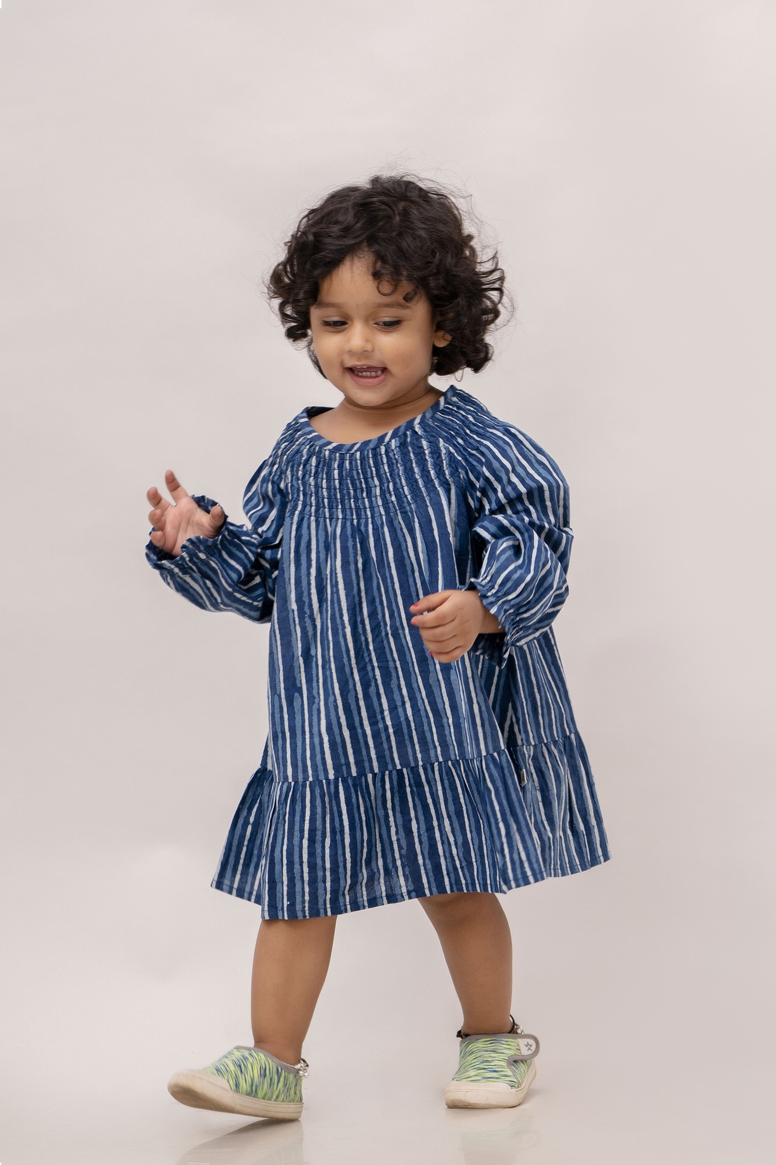 Organic Cotton Handblock Printed, Stripe Indigo Dress for Girl