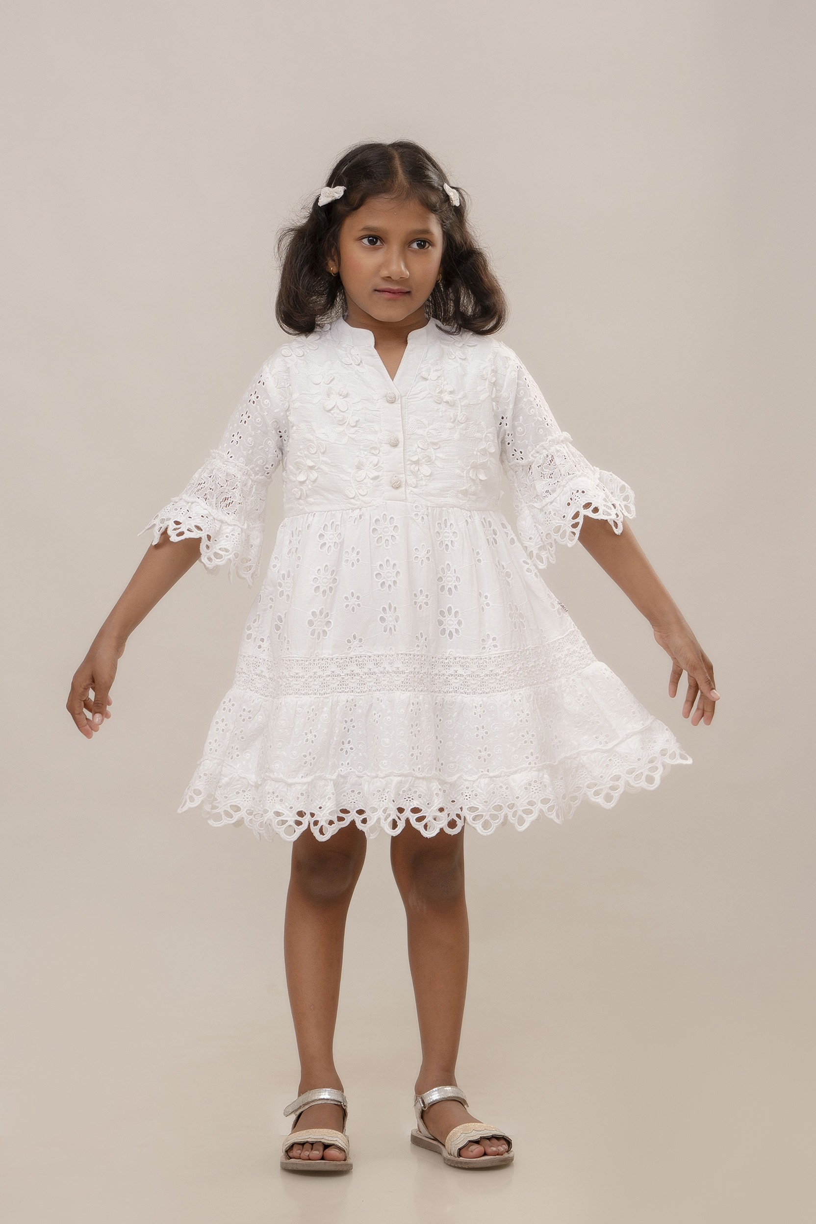 White Floral Schiffly Embroidered Cotton Dress For Girl