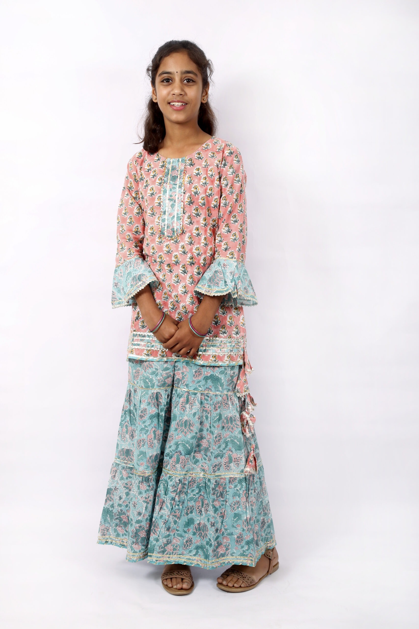Cotton Indian Handblock Printed Pink and Blue Kurta Sharara Set