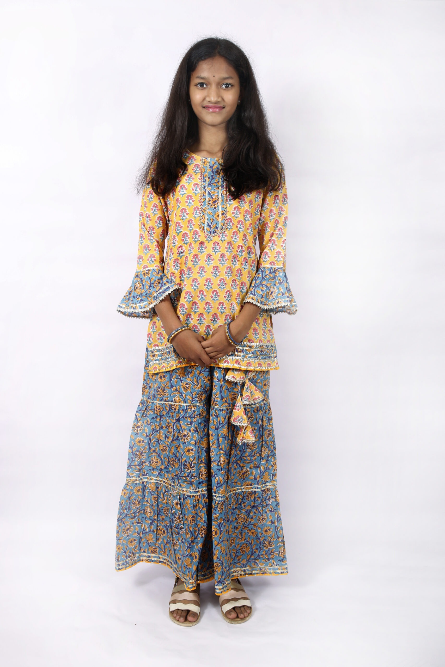 Cotton Indian Handblock Printed Yellow Blue Kurti Garara Set