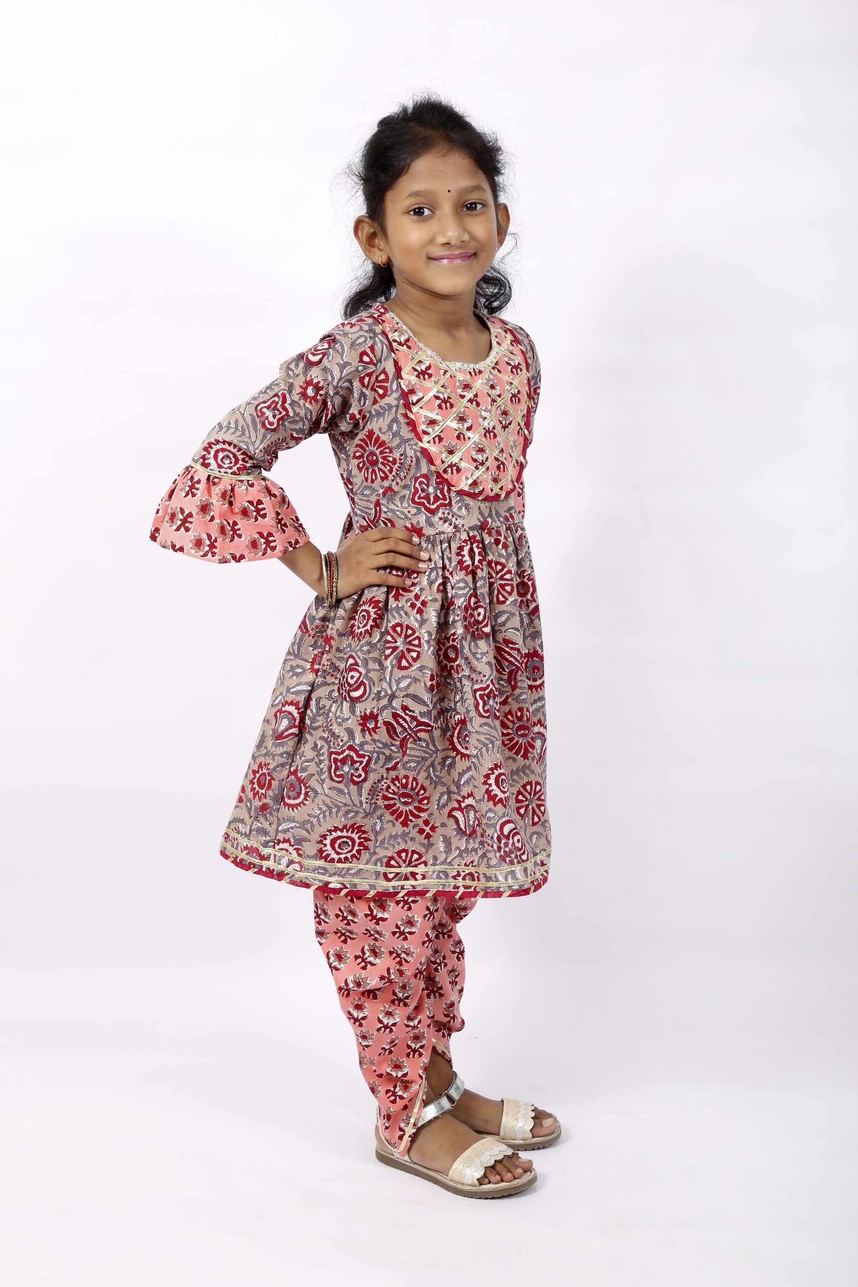 Cotton Indian Handblock Printed Pink and Gray Kurta Dhoti Salwar Set