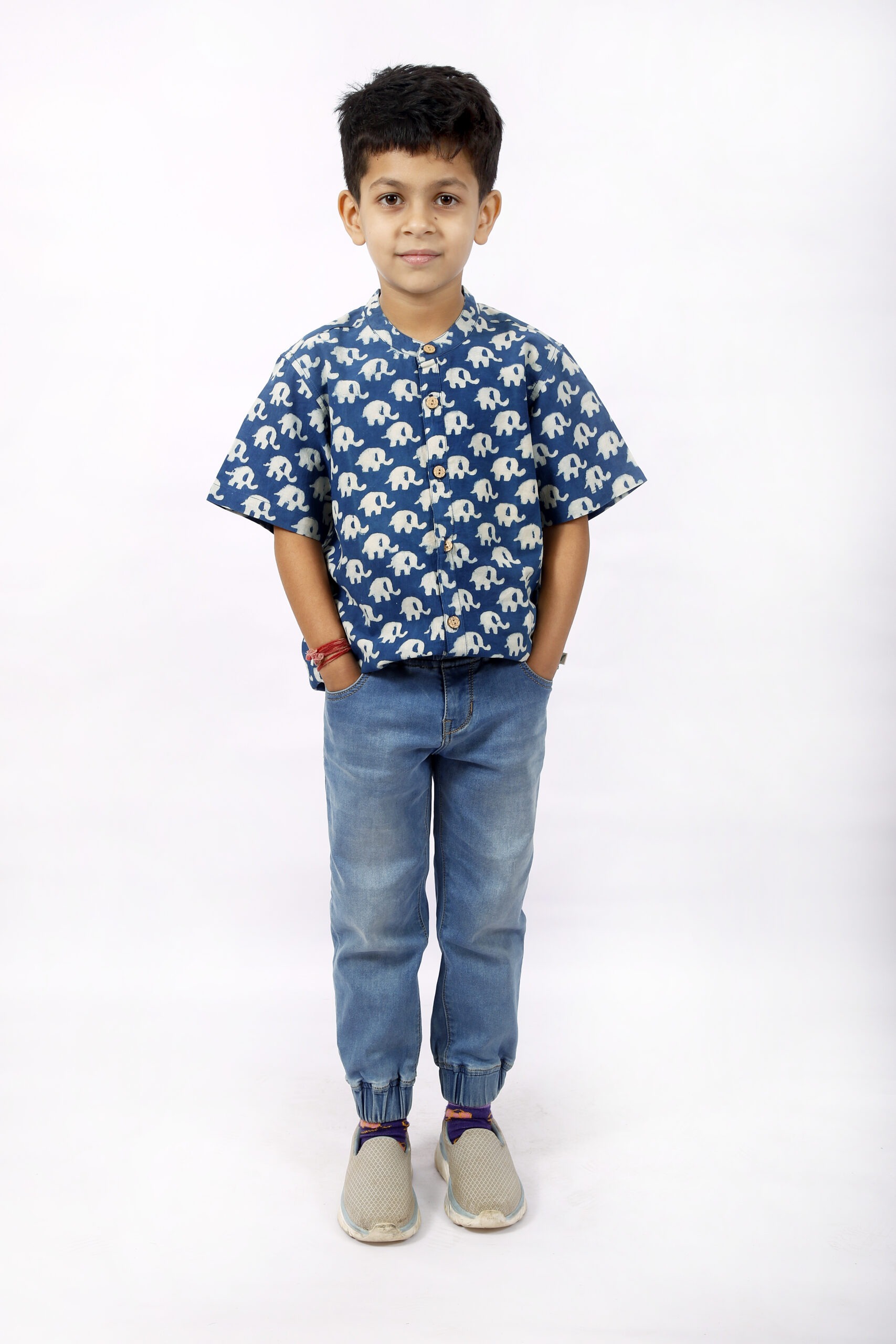 Organic Cotton Handblock Printed, Indigo Half Shirt For Boy