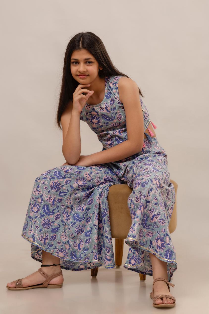 Cotton Handblock Printed Palazzo Skirt Top Set