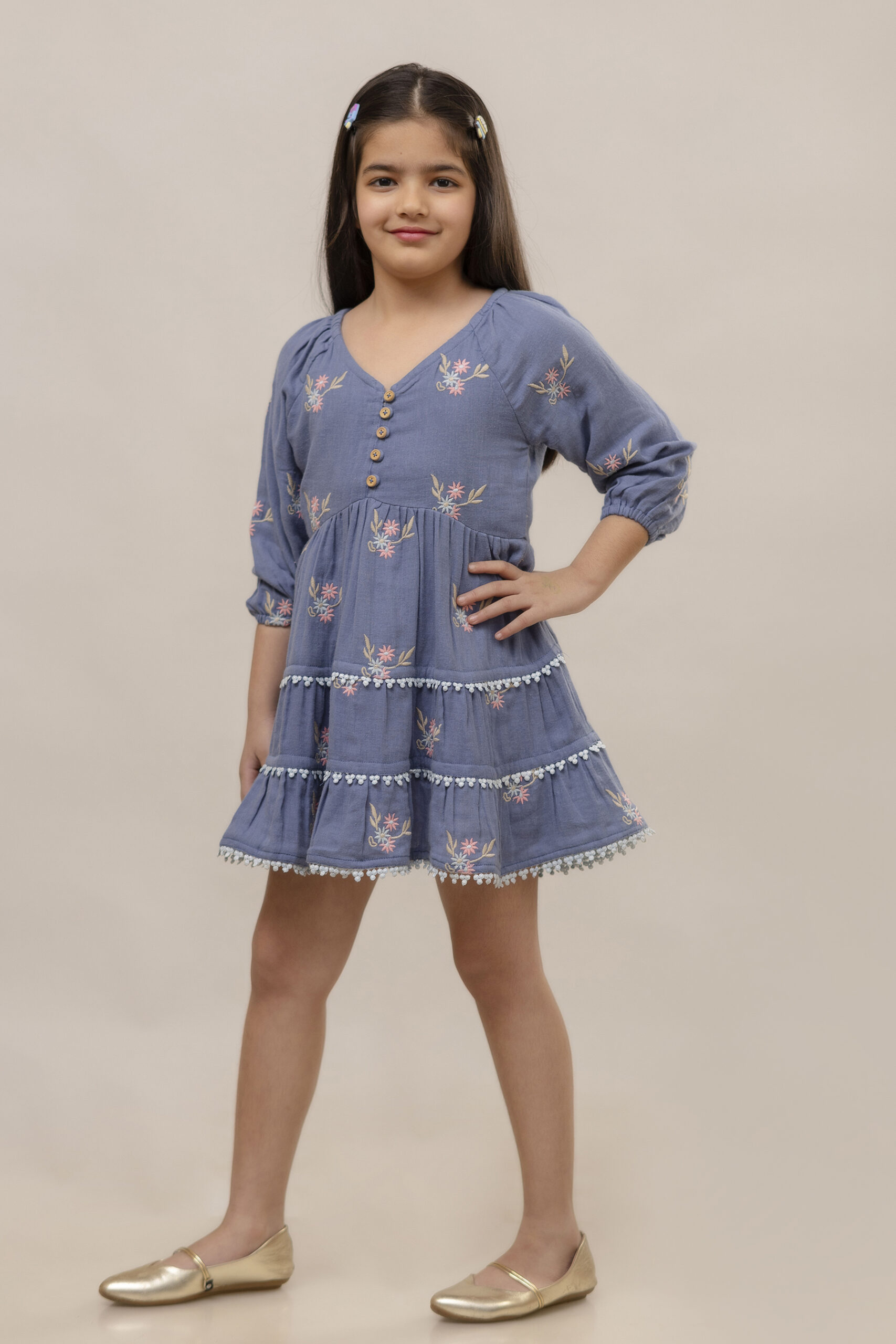 Blue Floral Embroidered Cotton Dress For Girl