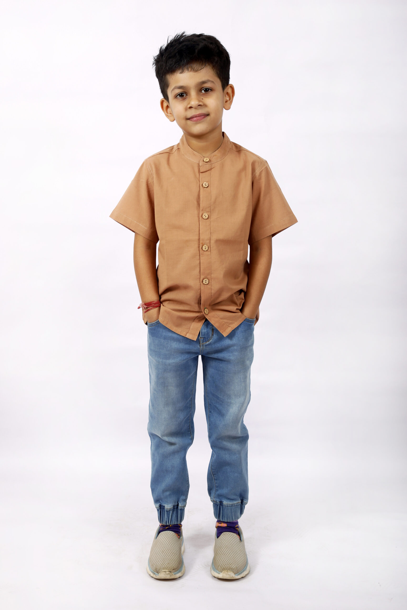 Organic Cotton Handblock Printed, Beige Half Shirt For Boy