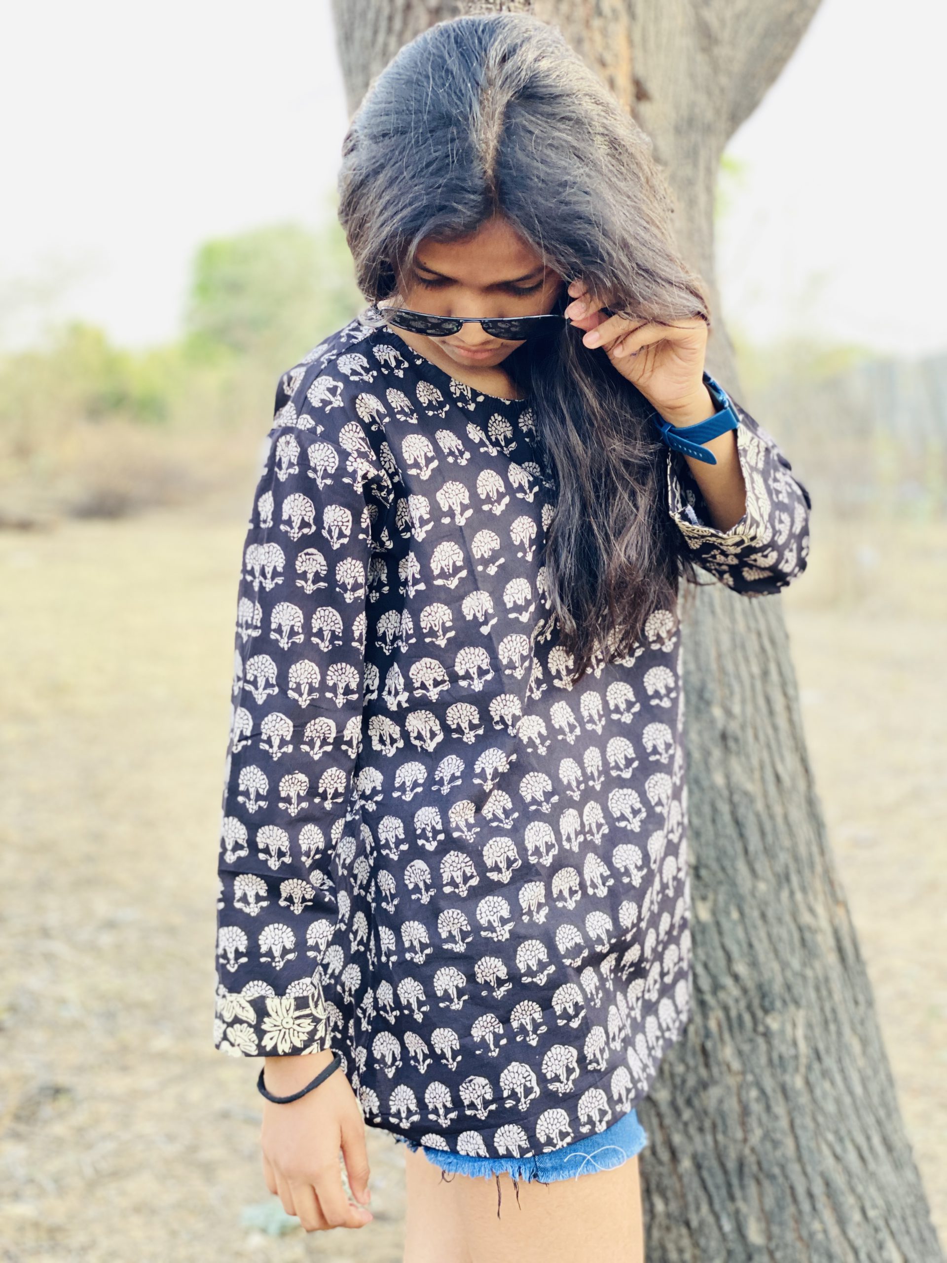 Black Cotton Indian Handblock Printed Short Kurti
