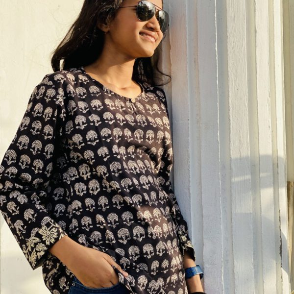 Hand Block Printed Cotton short Kurti, Office Kurti,Ladies Designer Kurti Dress, Black