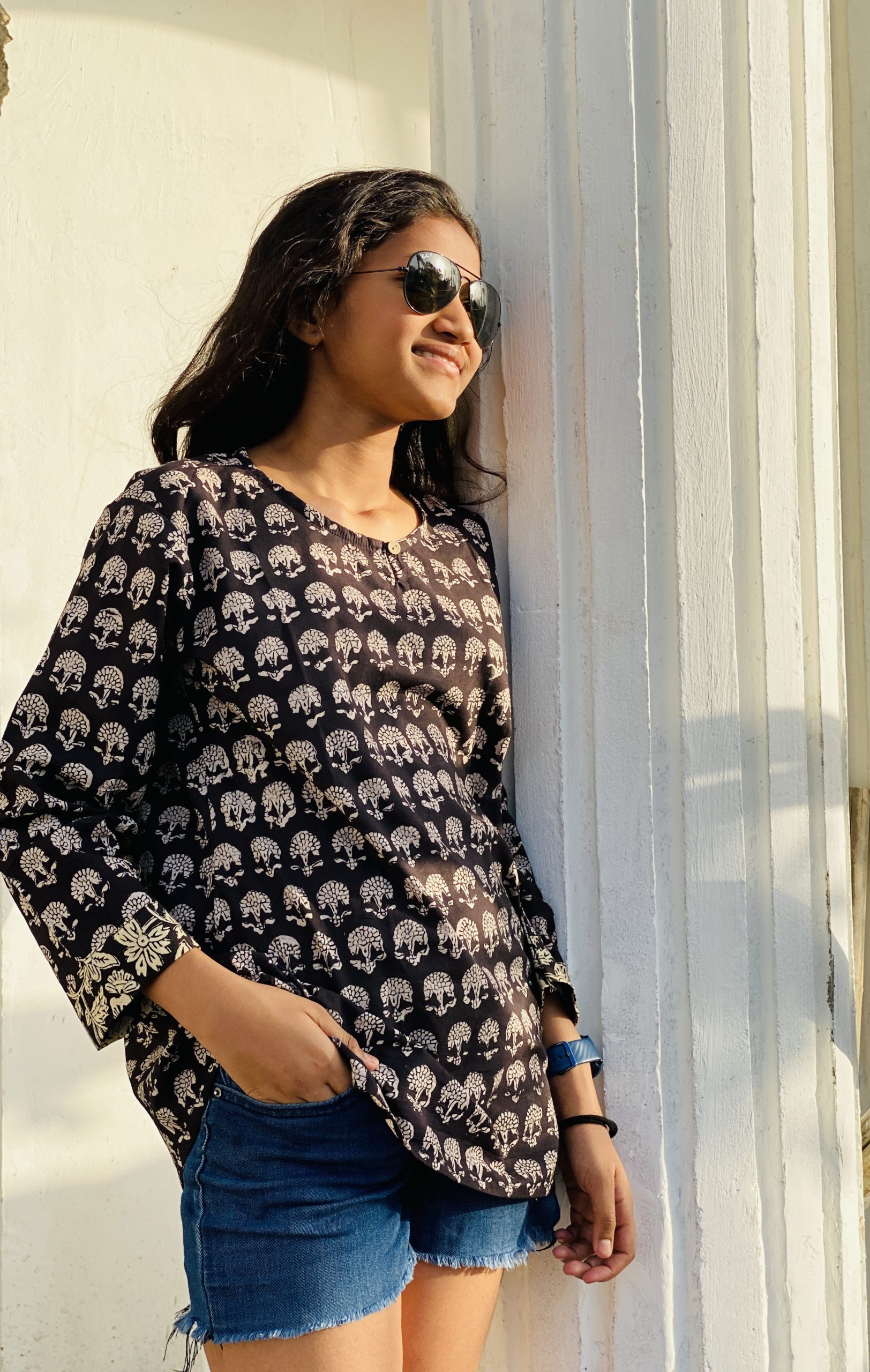 Hand Block Printed Cotton short Kurti, Office Kurti,Ladies Designer Kurti Dress, Black